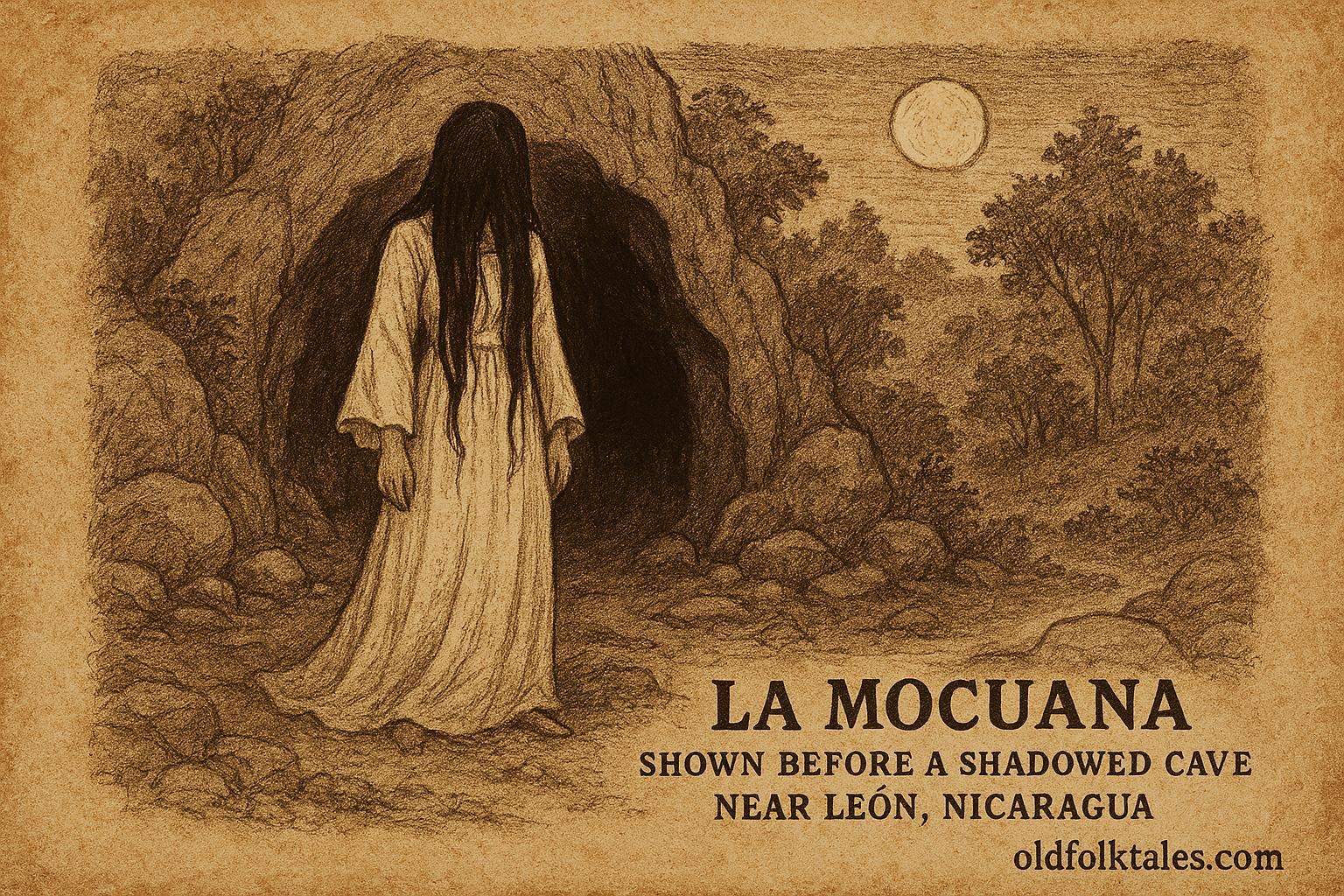 A style artwork of La Mocuana before a moonlit cave in León, Nicaraguan folktale scene.