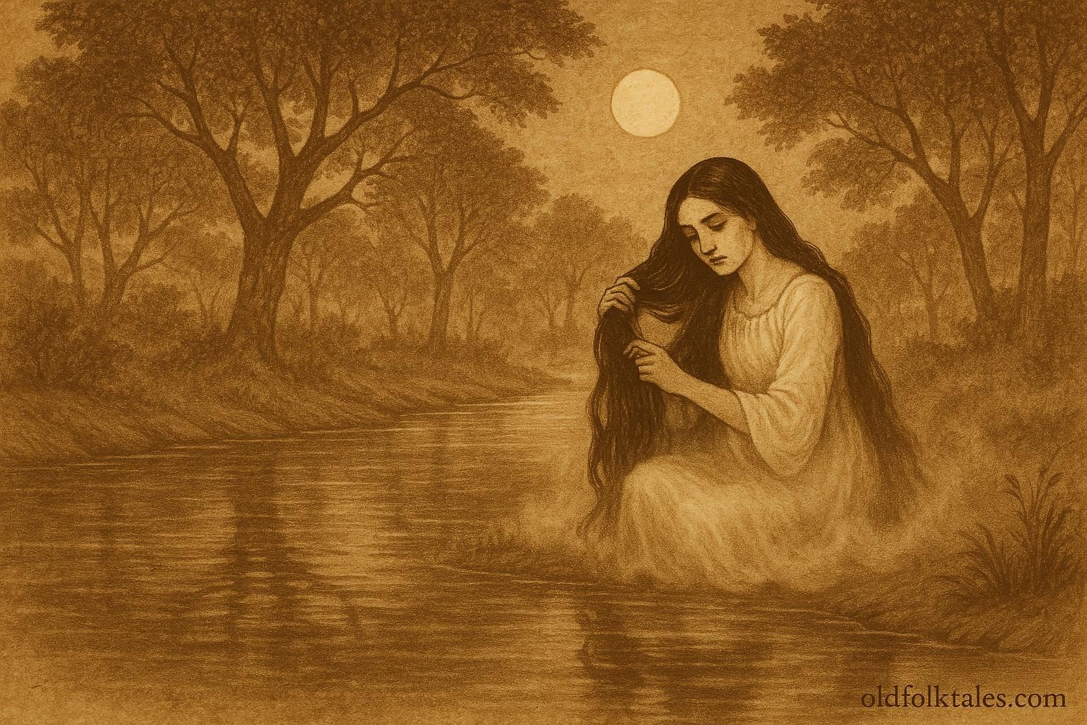 Parchment-style artwork of La Sucia combing her hair by the river, Honduran folktale scene.