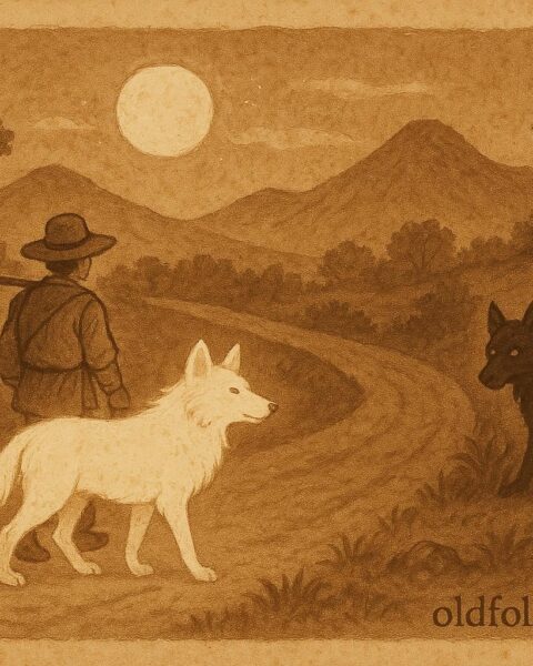 Parchment-style artwork of white and black Cadejo on a moonlit Honduran road, spiritual folktale scene.