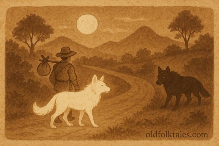 Parchment-style artwork of white and black Cadejo on a moonlit Honduran road, spiritual folktale scene.