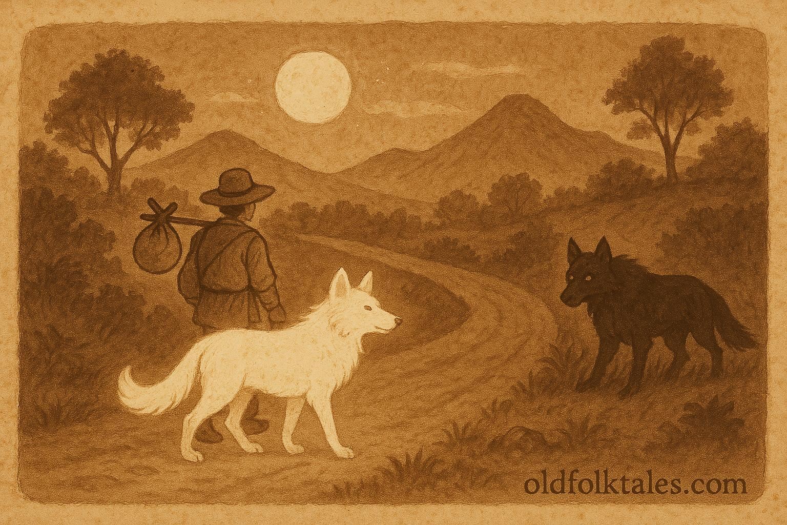 Parchment-style artwork of white and black Cadejo on a moonlit Honduran road, spiritual folktale scene.