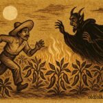 Parchment-style illustration of a Mexican farmer escaping the Devil through chili fields, Nahua folktale scene.