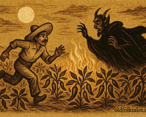 Parchment-style illustration of a Mexican farmer escaping the Devil through chili fields, Nahua folktale scene.