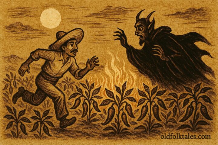 Parchment-style illustration of a Mexican farmer escaping the Devil through chili fields, Nahua folktale scene.