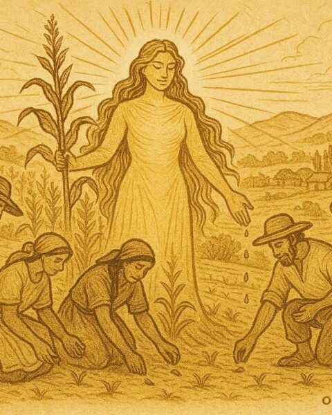 Parchment-style artwork of the Corn Mother teaching villagers to plant maize, Mexican folktale scene.