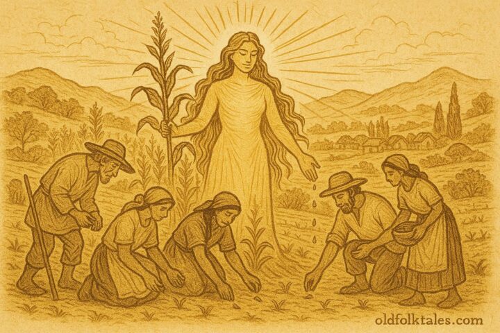 Parchment-style artwork of the Corn Mother teaching villagers to plant maize, Mexican folktale scene.