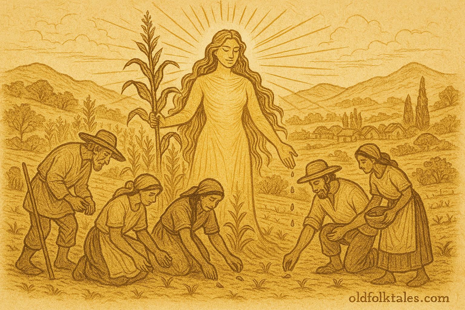 Parchment-style artwork of the Corn Mother teaching villagers to plant maize, Mexican folktale scene.