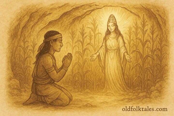 An illustration of the Corn Mother appearing to Ahkin in a glowing cave, Maya folktale from Mexico and Guatemala.