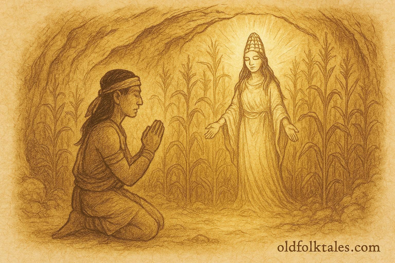 An illustration of the Corn Mother appearing to Ahkin in a glowing cave, Maya folktale from Mexico and Guatemala.