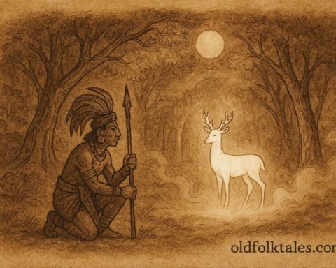An illustration of a Maya hunter kneeling before a glowing white deer in a moonlit forest, Yucatec Maya folktale.