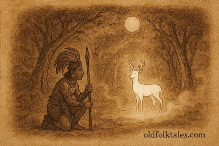 An illustration of a Maya hunter kneeling before a glowing white deer in a moonlit forest, Yucatec Maya folktale.