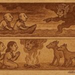 An illustration of Tezcatlipoca transforming Tata and Nene into dogs after the Great Flood, Aztec folktale.