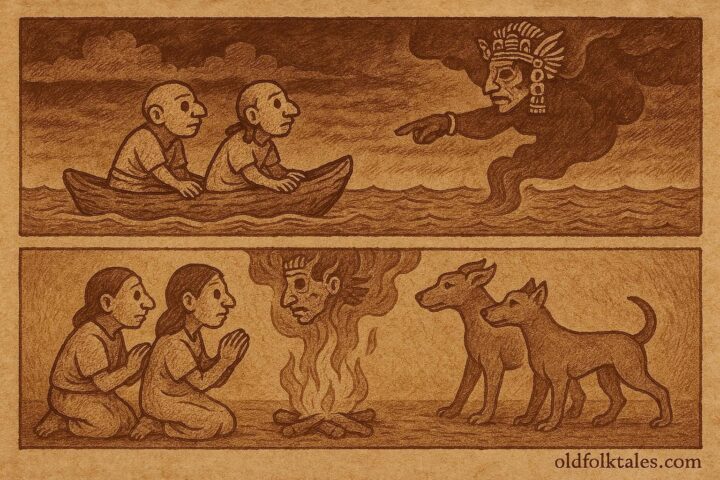 An illustration of Tezcatlipoca transforming Tata and Nene into dogs after the Great Flood, Aztec folktale.