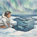 A young Inuit girl touching icy waters under aurora lights while whales sing beneath the surface, inspired by an Inuit folktale from the Eastern Arctic.