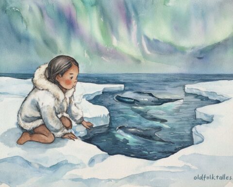 A young Inuit girl touching icy waters under aurora lights while whales sing beneath the surface, inspired by an Inuit folktale from the Eastern Arctic.