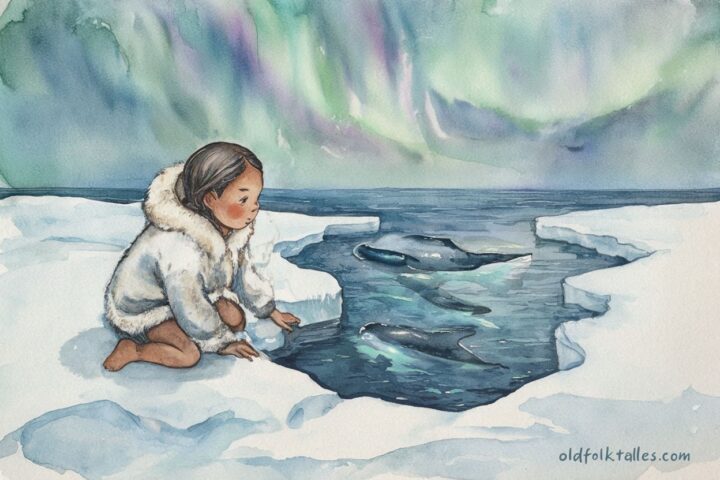 A young Inuit girl touching icy waters under aurora lights while whales sing beneath the surface, inspired by an Inuit folktale from the Eastern Arctic.
