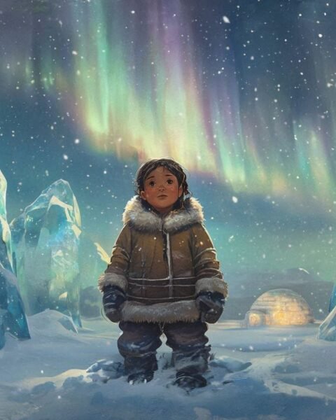 A young Inuit girl dreaming before the towering Ice Giants under aurora lights, with the first igloo glowing in the distance. Inspired by an Inuit folktale from the Eastern Arctic.
