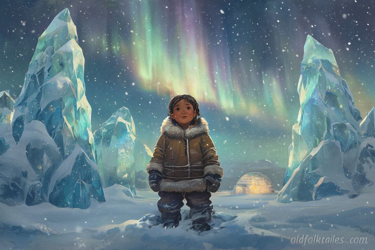 A young Inuit girl dreaming before the towering Ice Giants under aurora lights, with the first igloo glowing in the distance. Inspired by an Inuit folktale from the Eastern Arctic.