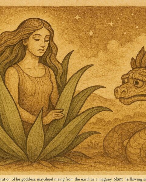An illustration of Mayahuel transforming into the maguey plant beside Quetzalcóatl, Aztec folktale scene.