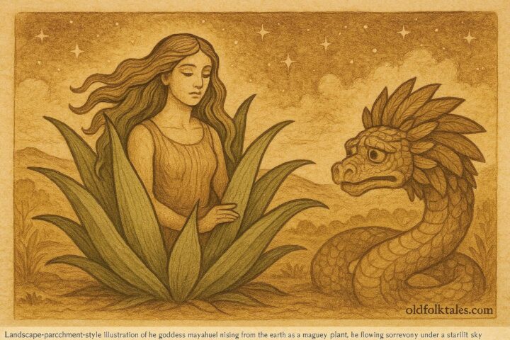 An illustration of Mayahuel transforming into the maguey plant beside Quetzalcóatl, Aztec folktale scene.