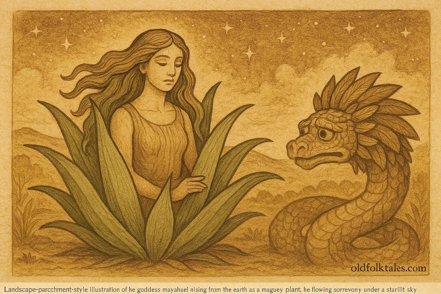 An illustration of Mayahuel transforming into the maguey plant beside Quetzalcóatl, Aztec folktale scene.
