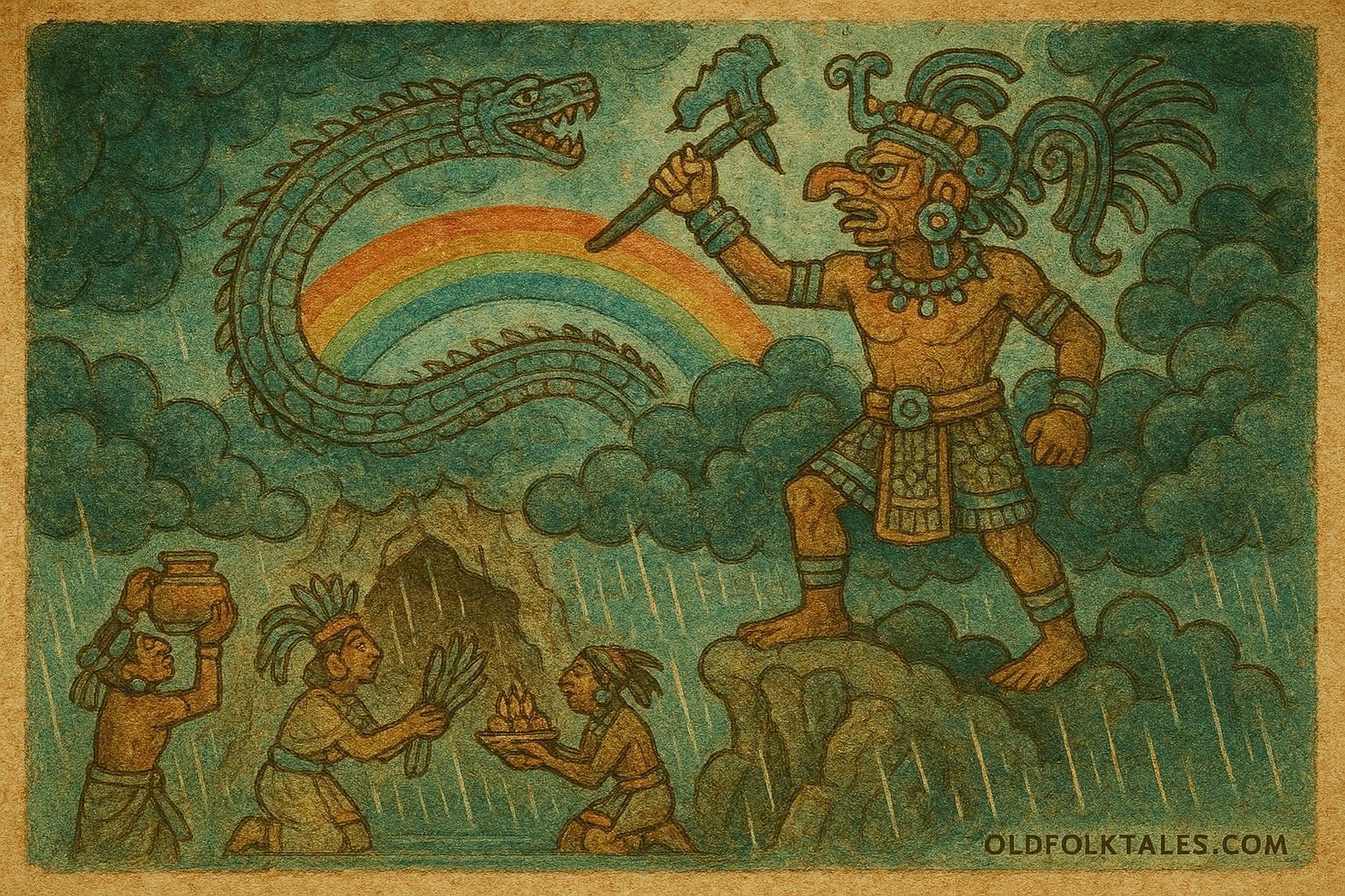 Maya rain god Chaac and a celestial serpent bring rain to villagers offering gifts at a sacred cave.