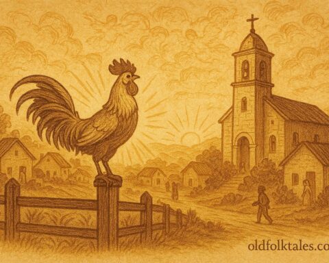 Parchment-style artwork of a glowing rooster at dawn in Michoacán, Mexican folktale scene.