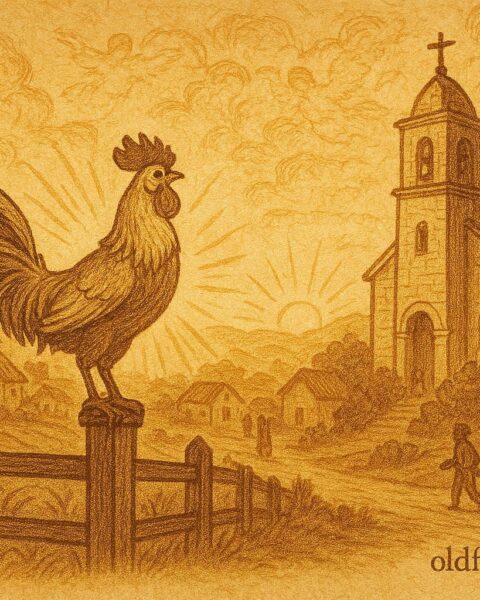 Parchment-style artwork of a glowing rooster at dawn in Michoacán, Mexican folktale scene.