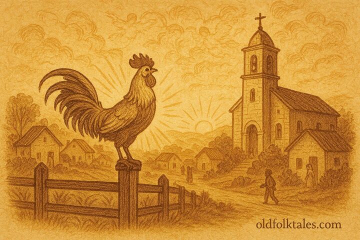 Parchment-style artwork of a glowing rooster at dawn in Michoacán, Mexican folktale scene.