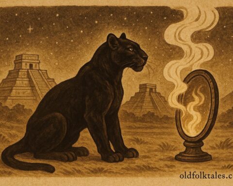 An illustration of Tezcatlipoca as a black jaguar before a smoking obsidian mirror, Aztec folktale scene.