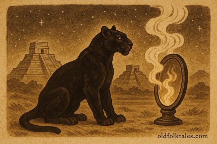 An illustration of Tezcatlipoca as a black jaguar before a smoking obsidian mirror, Aztec folktale scene.
