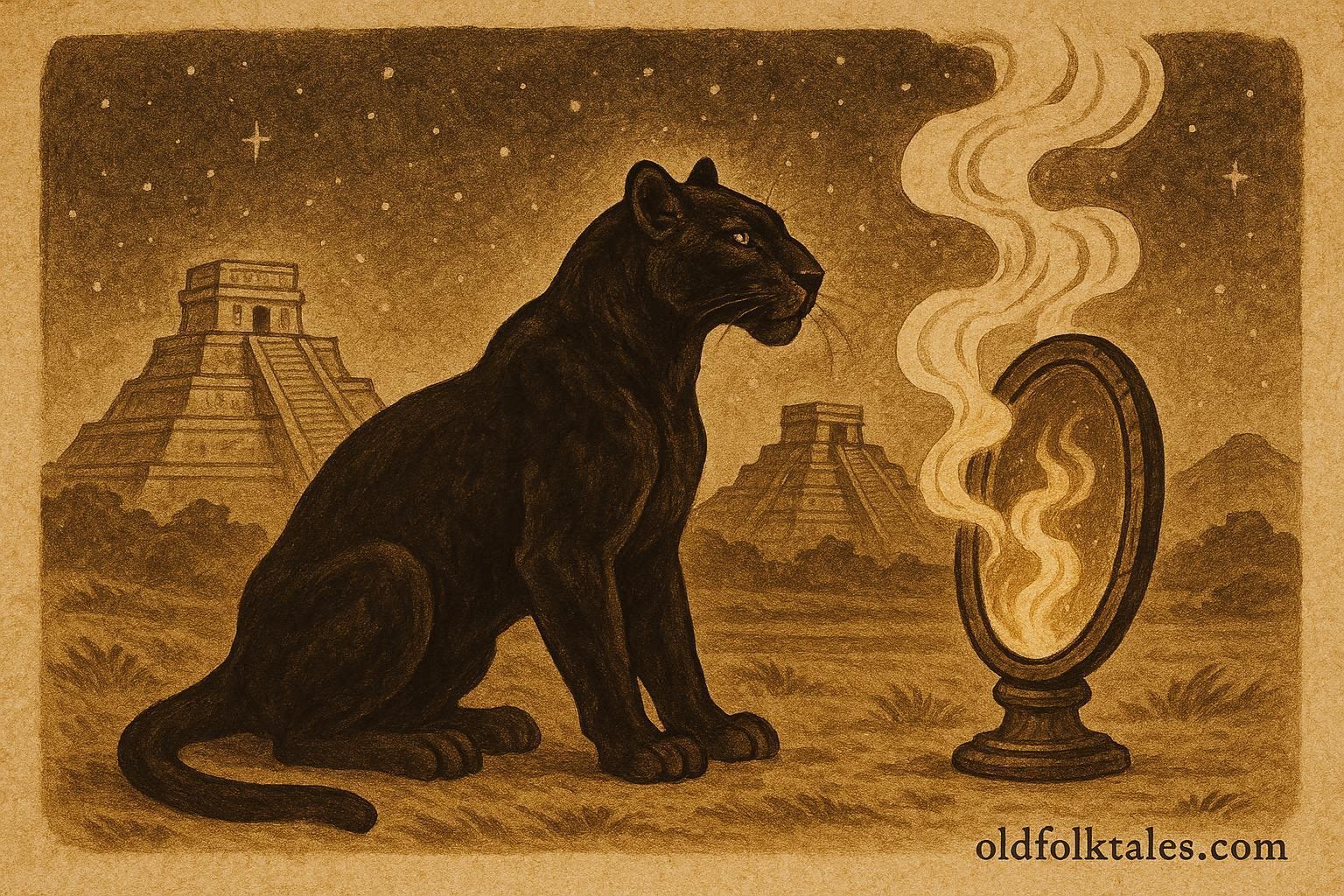 An illustration of Tezcatlipoca as a black jaguar before a smoking obsidian mirror, Aztec folktale scene.