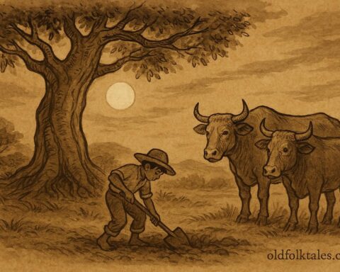 Parchment-style artwork of a Mexican boy digging under a ceiba tree at night, watched by talking oxen, from a Veracruz folktale.