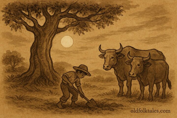 Parchment-style artwork of a Mexican boy digging under a ceiba tree at night, watched by talking oxen, from a Veracruz folktale.