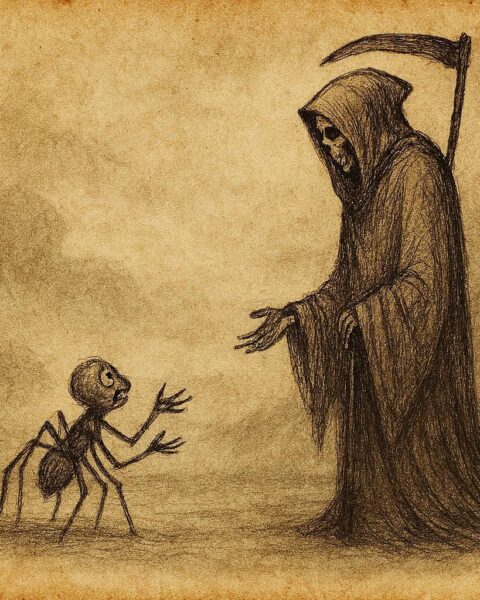 Parchment-style art of Anansi pleading before the figure of Death in a solemn Jamaican folktale scene.