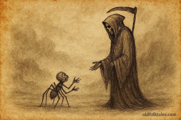 Parchment-style art of Anansi pleading before the figure of Death in a solemn Jamaican folktale scene.