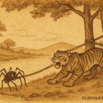 Parchment style illustration of Anansi tricking Tiger by a riverbank, Trinidad folktale scene.
