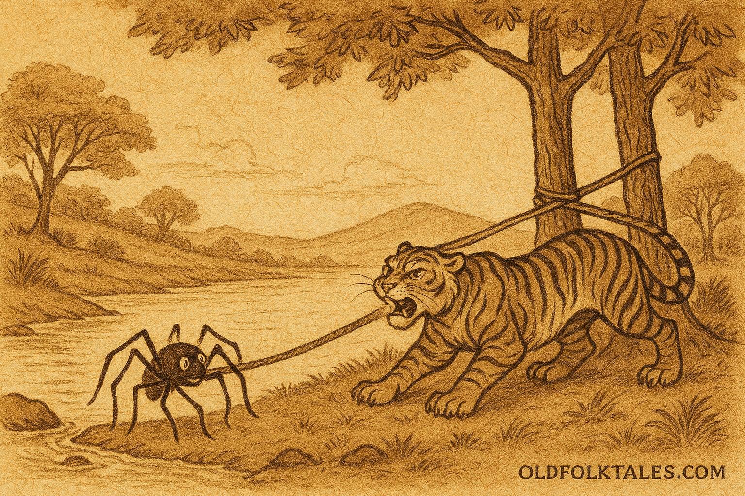 Parchment style illustration of Anansi tricking Tiger by a riverbank, Trinidad folktale scene.