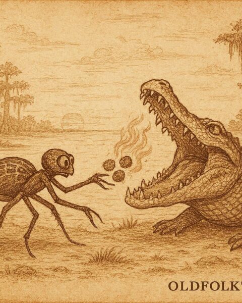 Parchment-style illustration of Anansi tricking an alligator, Bahamian folktale scene.