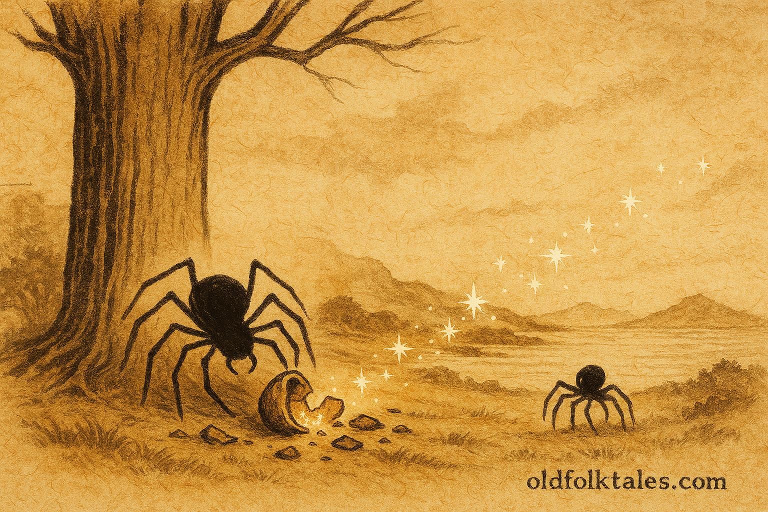 Parchment-style illustration of Anansi breaking the wisdom pot, Bahamian folktale scene.