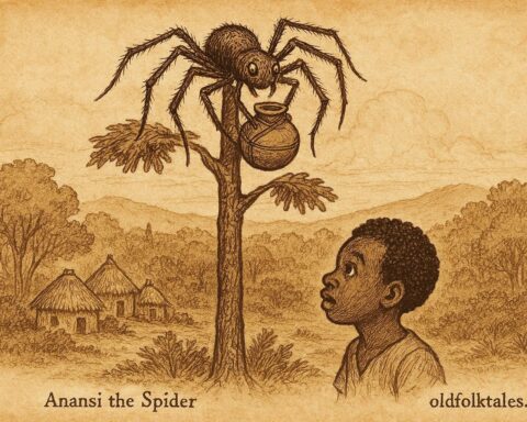 Parchment-style illustration of Anansi dropping the pot of wisdom, Caribbean folktale scene.