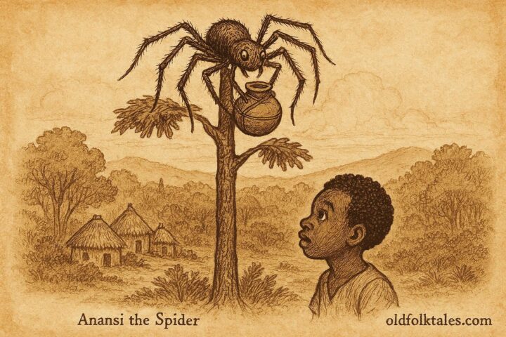 Parchment-style illustration of Anansi dropping the pot of wisdom, Caribbean folktale scene.