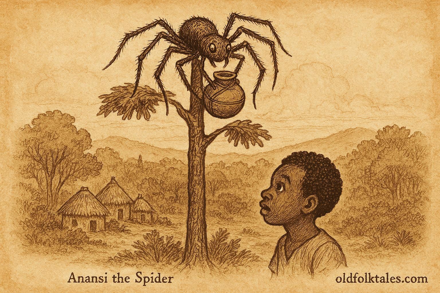 Parchment-style illustration of Anansi dropping the pot of wisdom, Caribbean folktale scene.