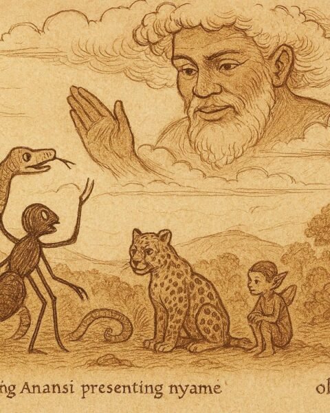 Parchment-style illustration of Anansi presenting captured creatures, Caribbean folktale scene.