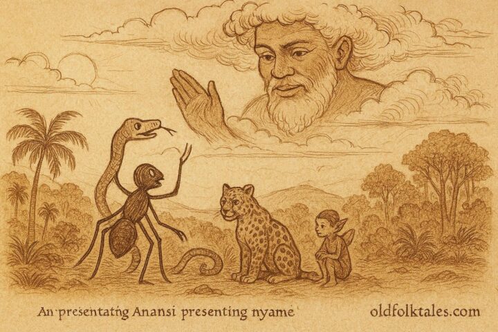 Parchment-style illustration of Anansi presenting captured creatures, Caribbean folktale scene.