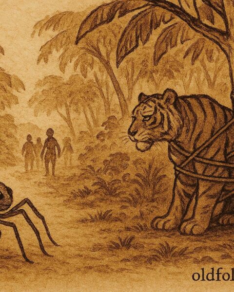 Parchment-style illustration of Anansi tricking Tiger, Caribbean folktale scene.
