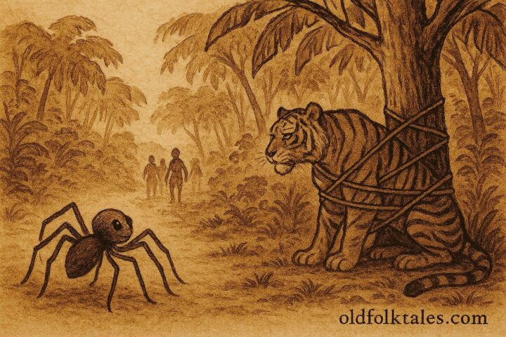 Parchment-style illustration of Anansi tricking Tiger, Caribbean folktale scene.