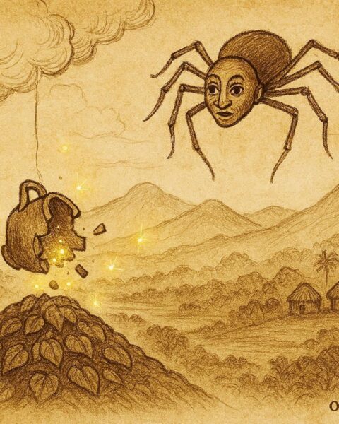 Parchment-style art of Anansi dropping a pot that scatters wisdom across yam hills in a Jamaican folktale scene.