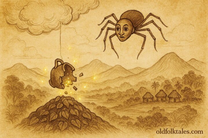 Parchment-style art of Anansi dropping a pot that scatters wisdom across yam hills in a Jamaican folktale scene.