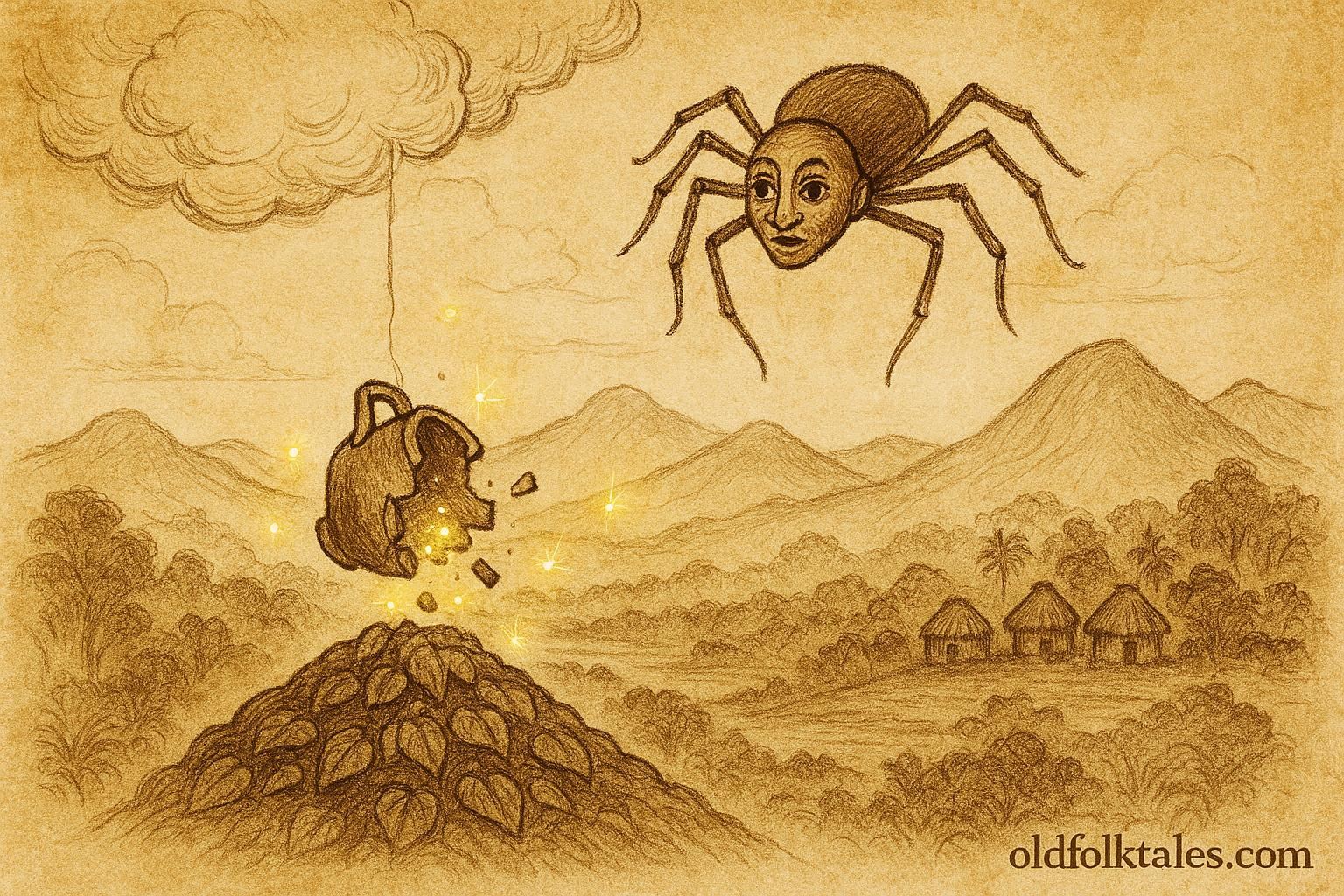 Parchment-style art of Anansi dropping a pot that scatters wisdom across yam hills in a Jamaican folktale scene.